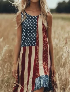 Hot Women's Patriotic Mini Dress Sundress A Line Dress Off The Shoulder Dress Vacation Casual Boho Party Loose Fit Graphic Flag Geometric Sleeveless U Neck Summer Women Casual Dress|Independence Day Dress
