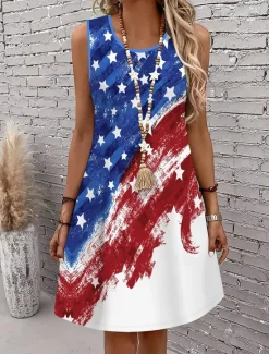 New Women's Patriotic Mini Dress A Line Dress Summer Dress Off The Shoulder Dress Vacation Casual Daily Regular Fit Graphic Flag Sleeveless U Neck Summer Women Independence Day Dress