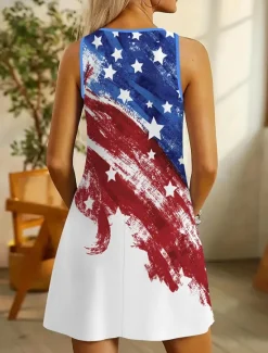 New Women's Patriotic Mini Dress A Line Dress Summer Dress Off The Shoulder Dress Vacation Casual Daily Regular Fit Graphic Flag Sleeveless U Neck Summer Women Independence Day Dress