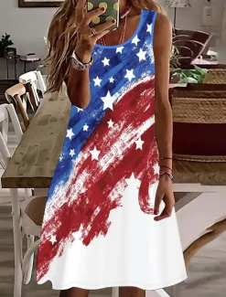 New Women's Patriotic Mini Dress A Line Dress Summer Dress Off The Shoulder Dress Vacation Casual Daily Regular Fit Graphic Flag Sleeveless U Neck Summer Women Independence Day Dress