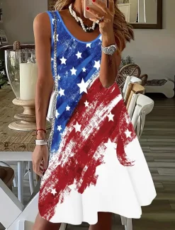 New Women's Patriotic Mini Dress A Line Dress Summer Dress Off The Shoulder Dress Vacation Casual Daily Regular Fit Graphic Flag Sleeveless U Neck Summer Women Independence Day Dress