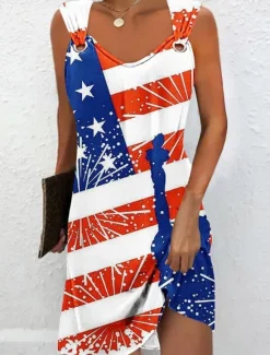 New Women's Patriotic Mini Dress Summer Dress Slip Dress Casual Daily Regular Fit Flag Sleeveless Strap Wine Red Navy Blue Blue Summer Women Sundresses|Independence Day Dress