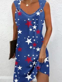 New Women's Patriotic Mini Dress Summer Dress Slip Dress Casual Daily Regular Fit Flag Sleeveless Strap Wine Red Navy Blue Blue Summer Women Sundresses|Independence Day Dress