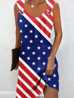 New Women's Patriotic Mini Dress Summer Dress Slip Dress Casual Daily Regular Fit Flag Sleeveless Strap Wine Red Navy Blue Blue Summer Women Sundresses|Independence Day Dress