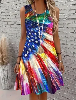 Outlet Women's Patriotic Mini Dress A Line Dress Summer Dress Off The Shoulder Dress Vacation Casual Party Daily Regular Fit Graphic Flag Sleeveless U Neck Summer Women Independence Day Dress