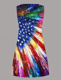 Outlet Women's Patriotic Mini Dress A Line Dress Summer Dress Off The Shoulder Dress Vacation Casual Party Daily Regular Fit Graphic Flag Sleeveless U Neck Summer Women Independence Day Dress