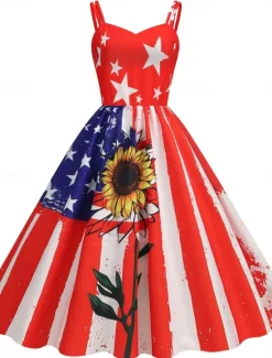 Sale Women's Patriotic Mini Dress A Line Dress Slip Dress Off The Shoulder Dress Casual Outdoor Going out Regular Fit American Flag Sleeveless Spaghetti Strap Women Independence Day Dress|Vacation Dresses