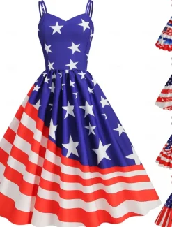 Sale Women's Patriotic Mini Dress A Line Dress Slip Dress Off The Shoulder Dress Casual Outdoor Going out Regular Fit American Flag Sleeveless Spaghetti Strap Women Independence Day Dress|Vacation Dresses