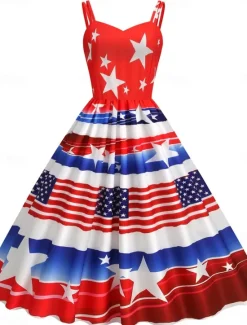 Sale Women's Patriotic Mini Dress A Line Dress Slip Dress Off The Shoulder Dress Casual Outdoor Going out Regular Fit American Flag Sleeveless Spaghetti Strap Women Independence Day Dress|Vacation Dresses