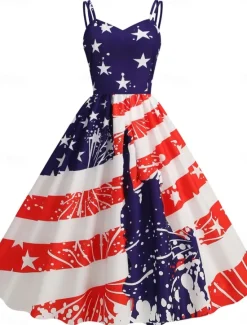 Sale Women's Patriotic Mini Dress A Line Dress Slip Dress Off The Shoulder Dress Casual Outdoor Going out Regular Fit American Flag Sleeveless Spaghetti Strap Women Independence Day Dress|Vacation Dresses