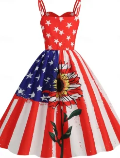 Sale Women's Patriotic Mini Dress A Line Dress Slip Dress Off The Shoulder Dress Casual Outdoor Going out Regular Fit American Flag Sleeveless Spaghetti Strap Women Independence Day Dress|Vacation Dresses