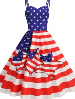 Sale Women's Patriotic Mini Dress A Line Dress Slip Dress Off The Shoulder Dress Casual Outdoor Going out Regular Fit American Flag Sleeveless Spaghetti Strap Women Independence Day Dress|Vacation Dresses