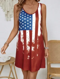 New Women's Patriotic Mini Dress A Line Dress Summer Dress Off The Shoulder Dress Vacation Casual Daily Regular Fit Graphic Flag Sleeveless U Neck Summer Women Sundresses|Independence Day Dress