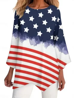 Clearance Women's Patriotic Shirt Flag Stylish Casual 3/4 Length Sleeve Crew Neck Regular Tops Daily Print White Red Navy Blue Blue Summer Spring Women Independence Day Top