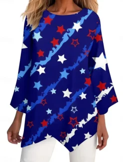 Clearance Women's Patriotic Shirt Flag Stylish Casual 3/4 Length Sleeve Crew Neck Regular Tops Daily Print White Red Navy Blue Blue Summer Spring Women Independence Day Top