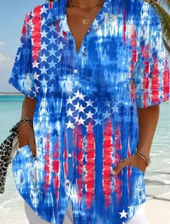 Discount Women's Patriotic Shirt Graphic Flag Vintage Stylish Casual Short Sleeve Shirt Collar Regular Tops Daily White Red Blue Summer Women Independence Day Top