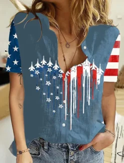 Online Women's Patriotic Shirt Graphic Flag Vintage Stylish Casual Short Sleeve Shirt Collar Regular Tops Daily Black Blue Summer Spring Women Independence Day Top