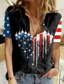 Online Women's Patriotic Shirt Graphic Flag Vintage Stylish Casual Short Sleeve Shirt Collar Regular Tops Daily Black Blue Summer Spring Women Independence Day Top