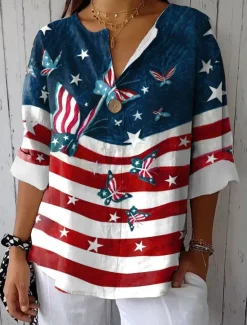 Discount Women's Patriotic Shirt Graphic Flag Vintage Stylish Casual 3/4 Length Sleeve V Neck Regular Tops Daily White Red Blue Summer Spring Women Independence Day Top