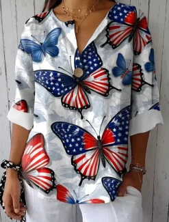 Discount Women's Patriotic Shirt Graphic Flag Vintage Stylish Casual 3/4 Length Sleeve V Neck Regular Tops Daily White Red Blue Summer Spring Women Independence Day Top