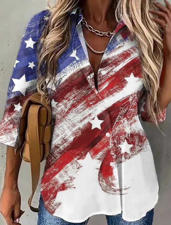 Online Women's Patriotic Shirt White And Blue USA National Flag Button Print White And Blue Long Sleeve Daily Weekend Streetwear Casual Shirt Collar Regular S Women Independence Day Top