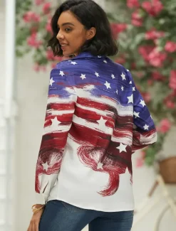 Online Women's Patriotic Shirt White And Blue USA National Flag Button Print White And Blue Long Sleeve Daily Weekend Streetwear Casual Shirt Collar Regular S Women Independence Day Top