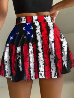 Online Women's Patriotic Skirt Fashion Casual Mini High Waist Skirts Graphic Stretchy Daily Black Red Blue Summer Polyester Women Skirts