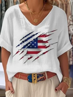 Hot Women's Patriotic Summer Tops Floral Graphic Flag Vintage Stylish Classic Short Sleeve V Neck Regular Tops Daily Print White Sky Blue Beige Light Blue Summer Spring Women Independence Day Top