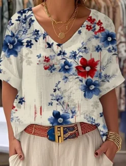 Hot Women's Patriotic Summer Tops Floral Graphic Flag Vintage Stylish Classic Short Sleeve V Neck Regular Tops Daily Print White Sky Blue Beige Light Blue Summer Spring Women Independence Day Top