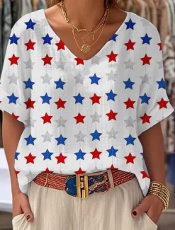 Hot Women's Patriotic Summer Tops Floral Graphic Flag Vintage Stylish Classic Short Sleeve V Neck Regular Tops Daily Print White Sky Blue Beige Light Blue Summer Spring Women Independence Day Top
