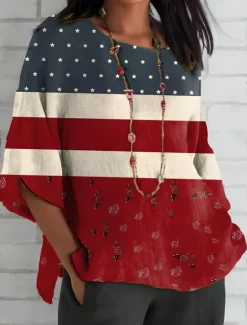 Online Women's Patriotic Summer Tops Graphic Flag Vintage Stylish Ethnic Sleeveless Long Sleeve Crew Neck Boat Neck Regular Tops Daily Print White Red Blue Summer Spring Women Independence Day Top