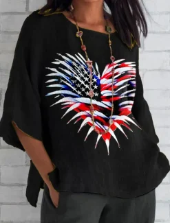 Sale Women's Patriotic Summer Tops Heart Graphic Flag Vintage Casual 3/4 Length Sleeve Crew Neck Regular Tops Daily Print Black White Blue Gray Summer Spring Women Independence Day Top