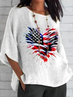 Sale Women's Patriotic Summer Tops Heart Graphic Flag Vintage Casual 3/4 Length Sleeve Crew Neck Regular Tops Daily Print Black White Blue Gray Summer Spring Women Independence Day Top
