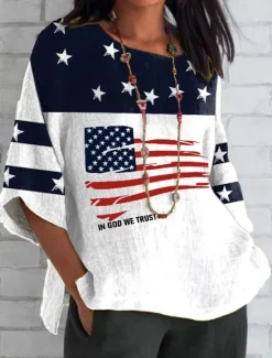 Women's Patriotic Summer Tops Graphic Flag Vintage Casual 3/4 Length Sleeve Crew Neck Regular Tops Daily Print Summer Spring Women Independence Day Top