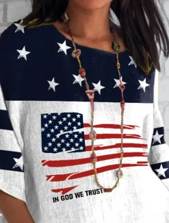 Women's Patriotic Summer Tops Graphic Flag Vintage Casual 3/4 Length Sleeve Crew Neck Regular Tops Daily Print Summer Spring Women Independence Day Top