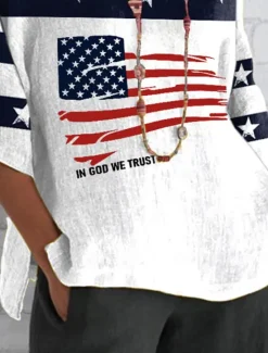 Women's Patriotic Summer Tops Graphic Flag Vintage Casual 3/4 Length Sleeve Crew Neck Regular Tops Daily Print Summer Spring Women Independence Day Top