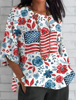 Women's Patriotic Summer Tops Graphic Flag Vintage Casual Long Sleeve Crew Neck Regular Tops Daily Print White Blue Summer Spring Women Independence Day Top