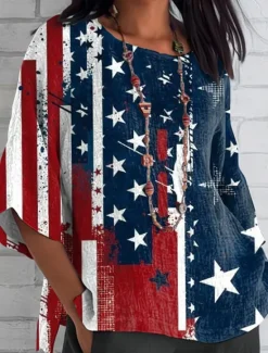 Women's Patriotic Summer Tops Graphic Flag Vintage Casual Long Sleeve Crew Neck Regular Tops Daily Print White Blue Summer Spring Women Independence Day Top