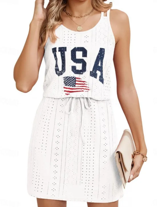 Women's Patriotic Swimwear Cover Up Swim Dress Swimsuit Cut Out Vacation Beach Wear Solid Color Round Neck Sleeveless Bathing Suits Women Independence Day Dress