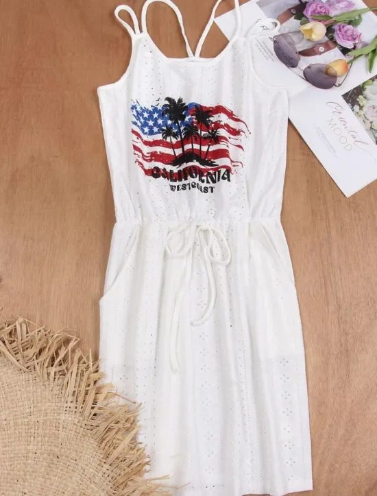 Women's Patriotic Swimwear Cover Up Swim Dress Swimsuit Cut Out Vacation Beach Wear Solid Color Round Neck Sleeveless Bathing Suits Women Independence Day Dress