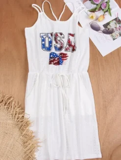 Women's Patriotic Swimwear Cover Up Swim Dress Swimsuit Cut Out Vacation Beach Wear Solid Color Round Neck Sleeveless Bathing Suits Women Independence Day Dress