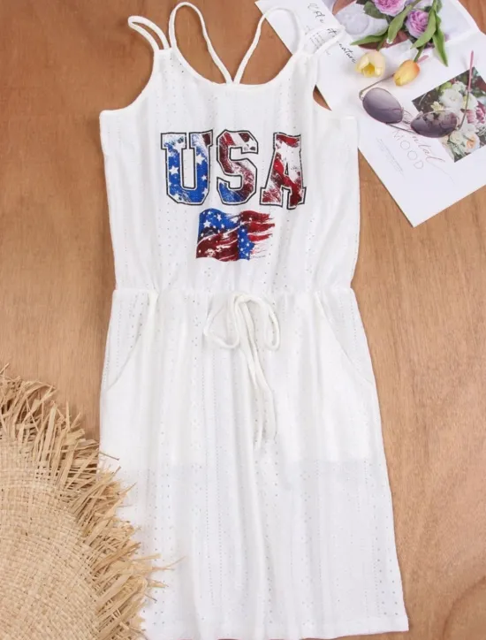 Women's Patriotic Swimwear Cover Up Swim Dress Swimsuit Cut Out Vacation Beach Wear Solid Color Round Neck Sleeveless Bathing Suits Women Independence Day Dress