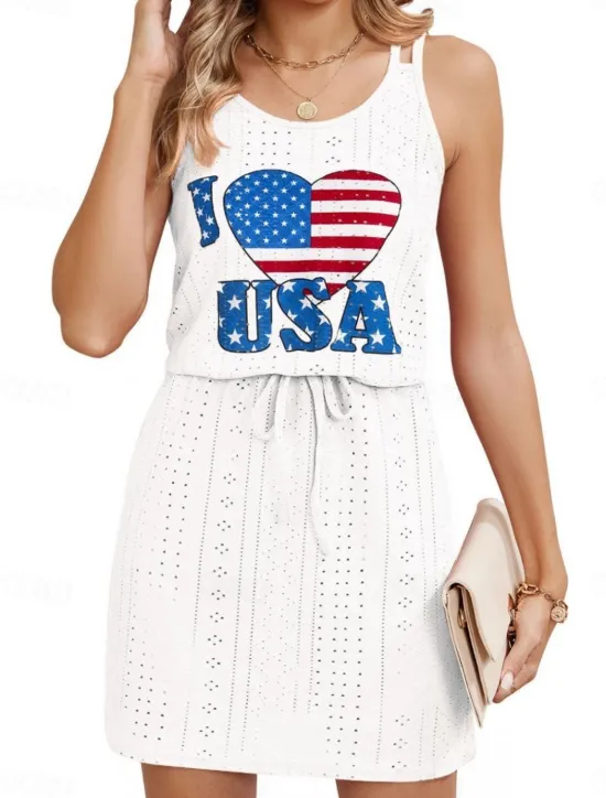 Women's Patriotic Swimwear Cover Up Swim Dress Swimsuit Cut Out Vacation Beach Wear Solid Color Round Neck Sleeveless Bathing Suits Women Independence Day Dress
