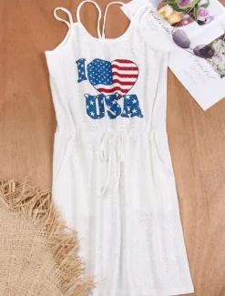 Women's Patriotic Swimwear Cover Up Swim Dress Swimsuit Cut Out Vacation Beach Wear Solid Color Round Neck Sleeveless Bathing Suits Women Independence Day Dress