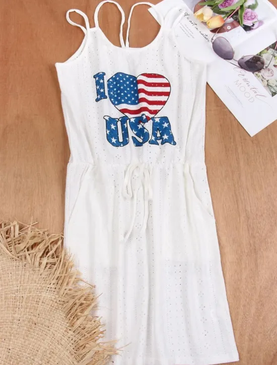 Women's Patriotic Swimwear Cover Up Swim Dress Swimsuit Cut Out Vacation Beach Wear Solid Color Round Neck Sleeveless Bathing Suits Women Independence Day Dress