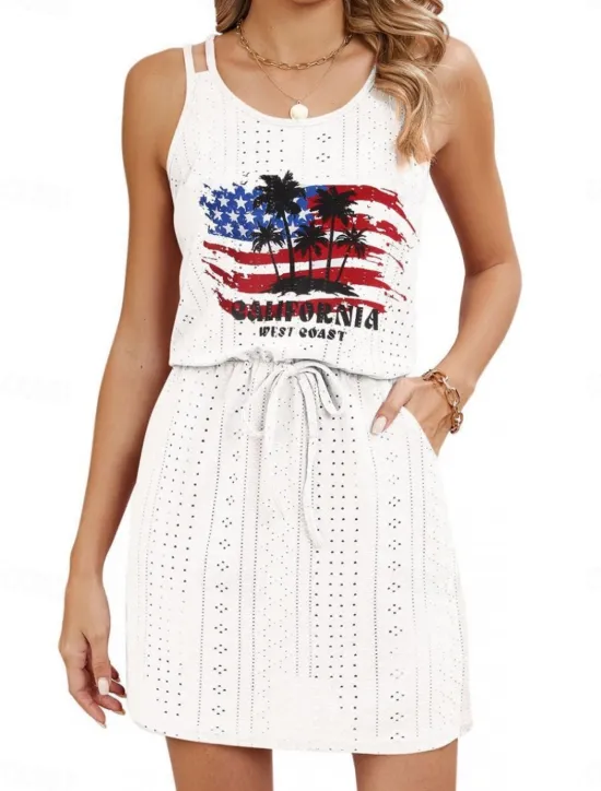 Women's Patriotic Swimwear Cover Up Swim Dress Swimsuit Cut Out Vacation Beach Wear Solid Color Round Neck Sleeveless Bathing Suits Women Independence Day Dress