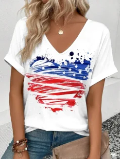 Outlet Women's Patriotic T Shirt Graphic American Flag Vintage Stylish Short Sleeve V Neck Regular Tops Daily Weekend Print Red Royal Blue Blue Summer Spring Women Independence Day Top
