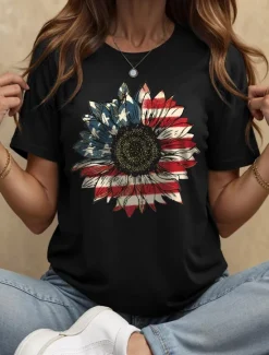 Discount Women's Patriotic T Shirt Cotton Shirt Graphic Flag Sunflower Casual Short Sleeve Crew Neck Round Neck Regular Tops Daily Print Black White Gray Summer Spring Women Independence Day Top