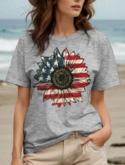 Discount Women's Patriotic T Shirt Cotton Shirt Graphic Flag Sunflower Casual Short Sleeve Crew Neck Round Neck Regular Tops Daily Print Black White Gray Summer Spring Women Independence Day Top
