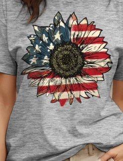 Discount Women's Patriotic T Shirt Cotton Shirt Graphic Flag Sunflower Casual Short Sleeve Crew Neck Round Neck Regular Tops Daily Print Black White Gray Summer Spring Women Independence Day Top